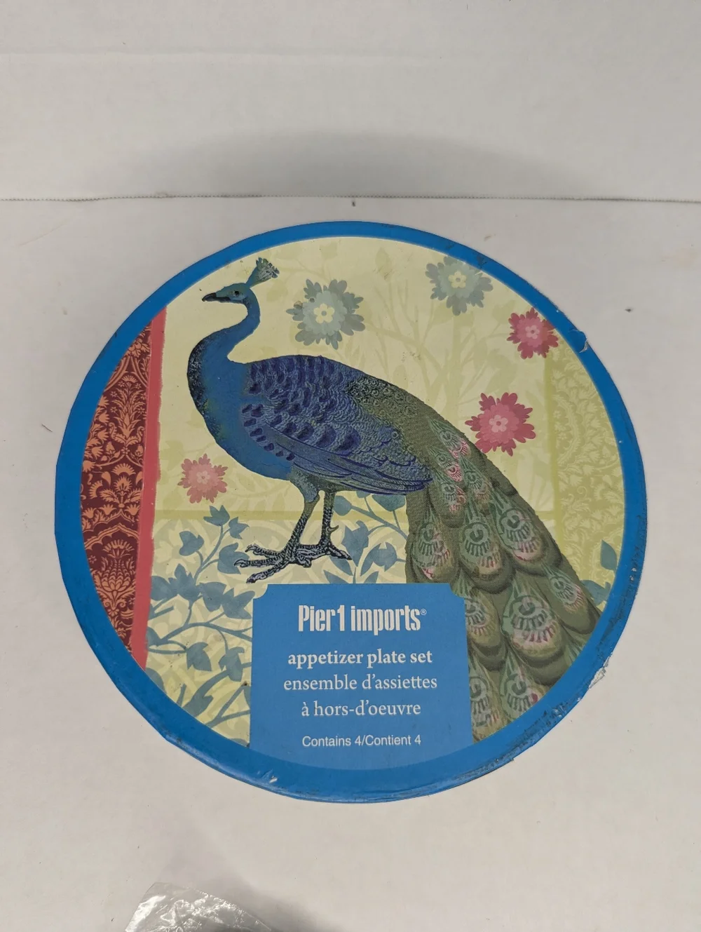Pier 1 Peacock 4 Foil Glass App Plates Set And 15 Pc Die Cut Coasters Set Bundle